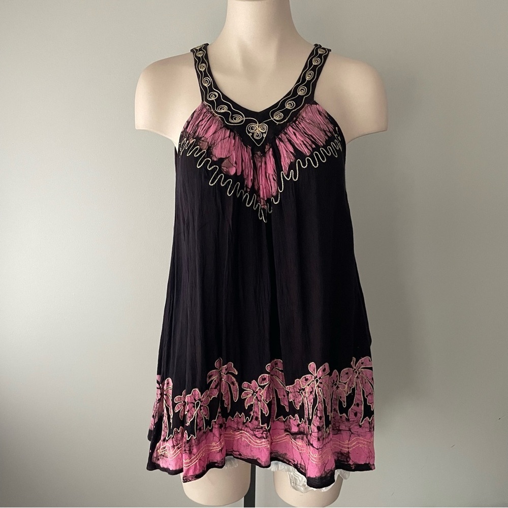 Boho Tank Top Tropical Pink Black 100% Crinkle Rayon One Size Hippie Ethnic